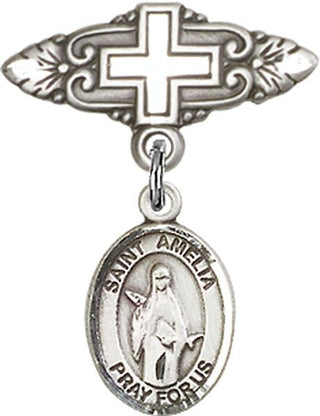Sterling Silver Badge Pin With Cross St. Amelia Baby Badge - Engravable