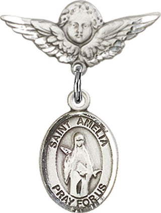 Sterling Silver Small Angel w/Wings St. Amelia Baby Badge - Engravable