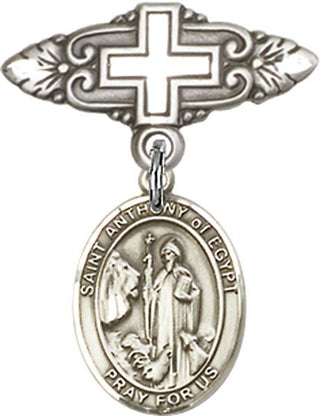 Sterling Silver Badge Pin With Cross St. Anthony of Egypt Baby Badge - Engravable