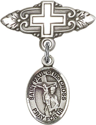 Sterling Silver Badge Pin With Cross St. Paul of the Cross Baby Badge - Engravable