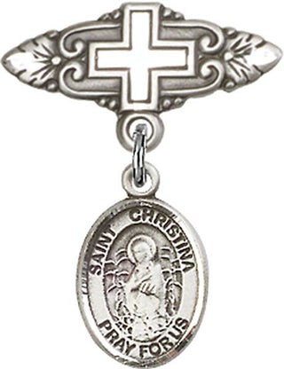 Sterling Silver Badge Pin With Cross St. Christina the Astonishing Baby Badge - Engravable