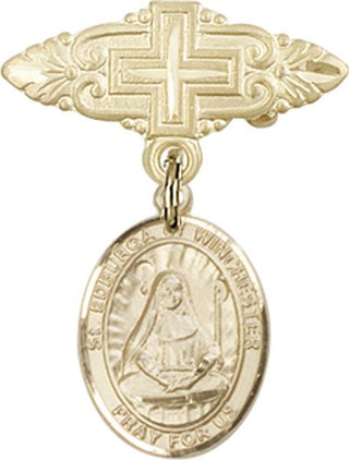 14kt Gold Badge Pin With Cross St. Edburga of Winchester Baby Badge - Engravable