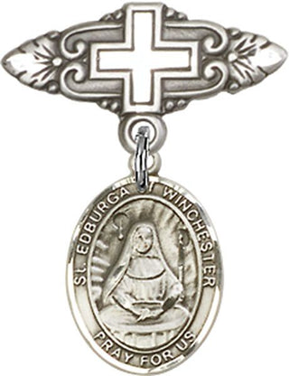 Sterling Silver Badge Pin With Cross St. Edburga of Winchester Baby Badge - Engravable