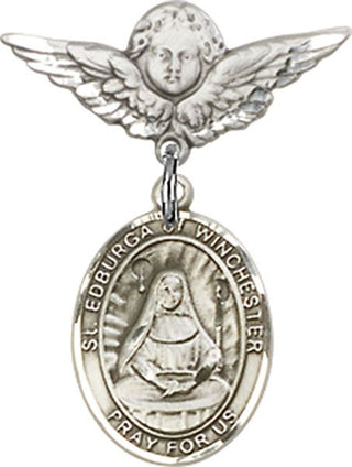 Sterling Silver Small Angel w/Wings St. Edburga of Winchester Baby Badge - Engravable