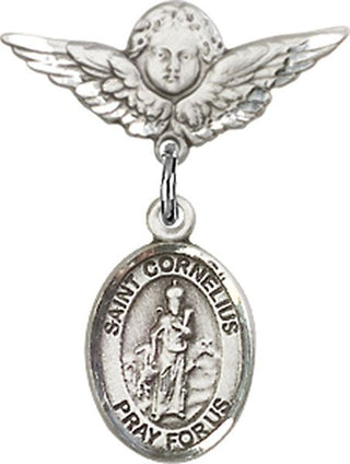 Sterling Silver Small Angel w/Wings St. Cornelius Baby Badge - Engravable