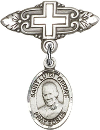 Sterling Silver Badge Pin With Cross St. Luigi Orione Baby Badge - Engravable
