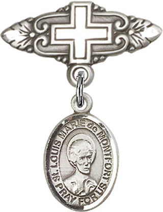 Sterling Silver Badge Pin With Cross St. Louis Marie de Montfort Baby Badge - Engravable