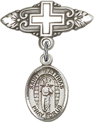 Sterling Silver Badge Pin With Cross St. Matthias the Apostle Baby Badge - Engravable