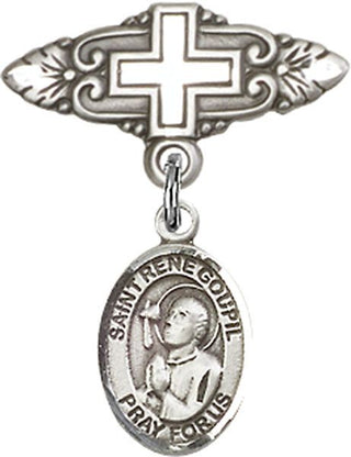 Sterling Silver Badge Pin With Cross St. Rene Goupil Baby Badge - Engravable
