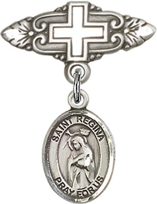 Sterling Silver Badge Pin With Cross St. Regina Baby Badge - Engravable