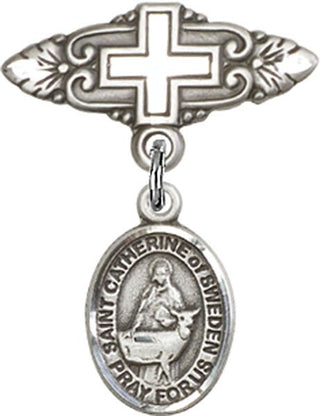 Sterling Silver Badge Pin With Cross St. Catherine of Sweden Baby Badge - Engravable