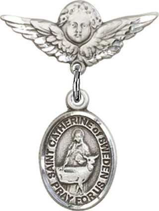 Sterling Silver Small Angel w/Wings St. Catherine of Sweden Baby Badge - Engravable
