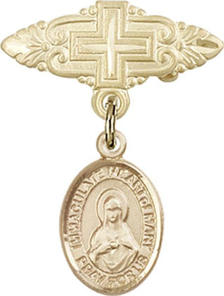 14kt Gold Filled Badge Pin With Cross Immaculate Heart of Mary Baby Badge - Engravable