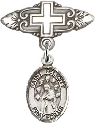 Sterling Silver Badge Pin With Cross St. Felicity Baby Badge - Engravable