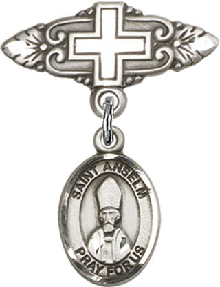 Sterling Silver Badge Pin With Cross St. Anselm of Canterbury Baby Badge - Engravable