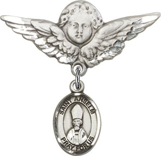 Sterling Silver Large Angel w/Wings St. Anselm of Canterbury Baby Badge - Engravable