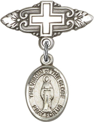 Sterling Silver Badge Pin With Cross Virgin of the Globe Baby Badge - Engravable