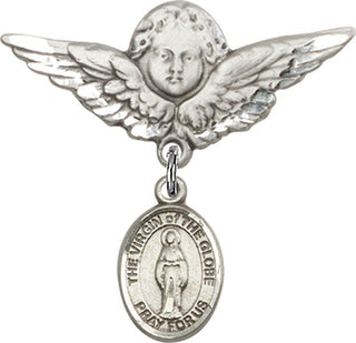 Sterling Silver Large Angel w/Wings Virgin of the Globe Baby Badge - Engravable