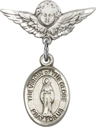 Sterling Silver Small Angel w/Wings Virgin of the Globe Baby Badge - Engravable