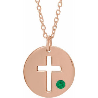 14K Rose Natural Emerald Pierced Cross Disc 16-18" Necklace