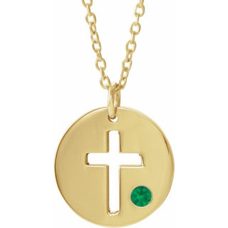 14K Yellow Natural Emerald Pierced Cross Disc 16-18" Necklace