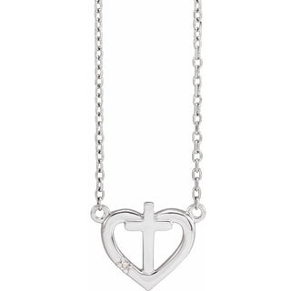 14K White .0025 CT Natural Diamond Heart & Cross 18" Necklace