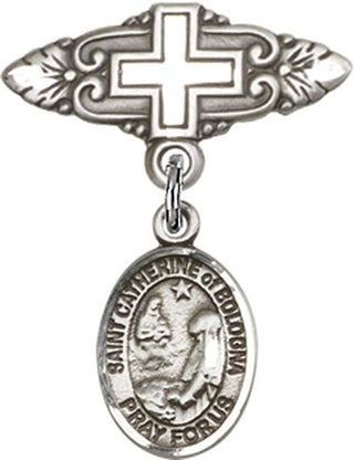 Sterling Silver Badge Pin With Cross St. Catherine of Bologna Baby Badge - Engravable