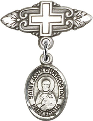 Sterling Silver Badge Pin With Cross St. John Chrysostom Baby Badge - Engravable