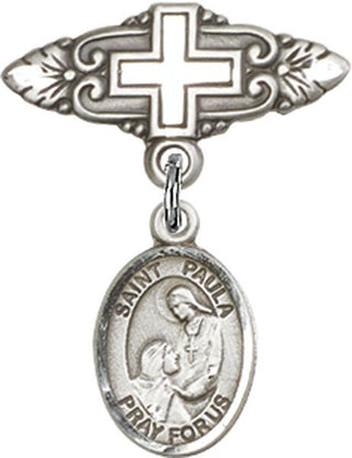 Sterling Silver Badge Pin With Cross St. Paula Baby Badge - Engravable