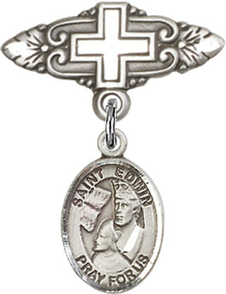 Sterling Silver Badge Pin With Cross St. Edwin Baby Badge - Engravable