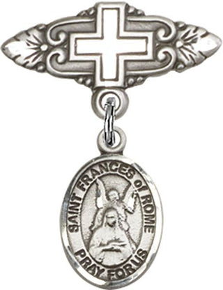 Sterling Silver Badge Pin With Cross St. Frances of Rome Baby Badge - Engravable