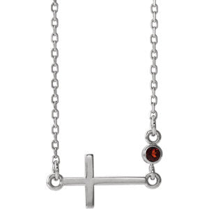 14K White Garnet Sideways Accented Cross 16-18" Necklace