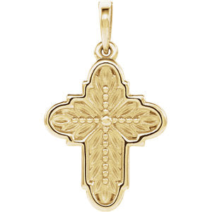 14K Gold Ornate Leaf Cross Pendant