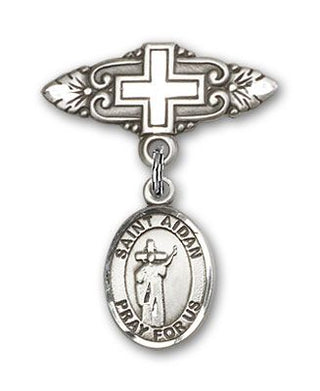 Sterling Silver Badge Pin With Cross St. Aidan of Lindesfarne Baby Badge - Engravable