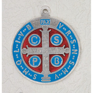 4 inch Silver Tone with Light Blue/ Red Enamel Premium St. Benedict Medal