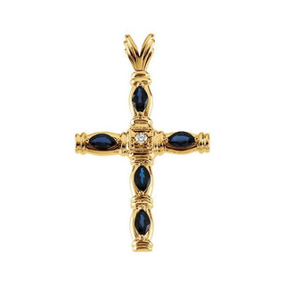 14K Yellow Natural Sapphire & .03 CT Natural Diamond Cross Pendant