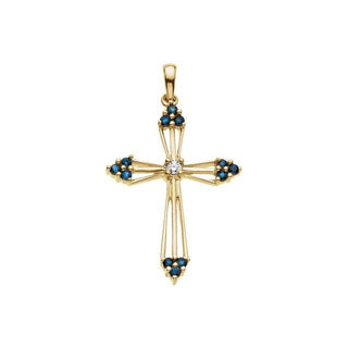14K Yellow Natural Blue Sapphire & .04 CTW Natural Diamond Cross Pendant  