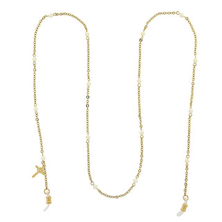 Gold-Tone White Beaded with Cross Charm Eyeglass Holder