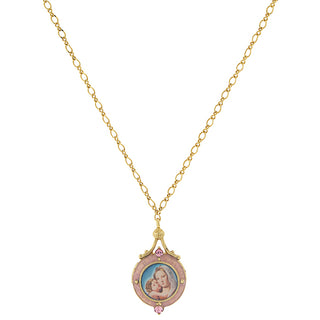 14K Gold-Dipped Pink Enamel Mary and Child Image Locket Necklace