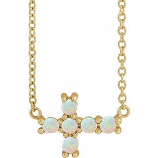 14K Yellow Natural White Opal Sideways Cross 18" Necklace