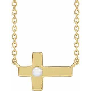 14K Yellow Cultured White Seed Pearl Sideways Cross 16-18" Necklace