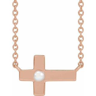 14K Rose Cultured White Seed Pearl Sideways Cross 16-18" Necklace