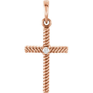 14K Rose .02 CTW Diamond 24.25x11.35 MM Rope Design Cross Pendant