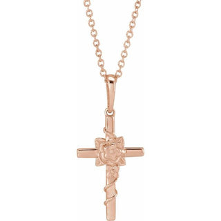 14K Rose Floral Cross 16-18" Necklace