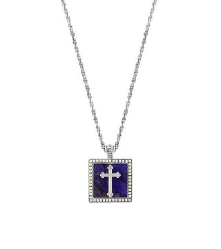 Silver-Tone Sodalite Square w/Cross Pendant