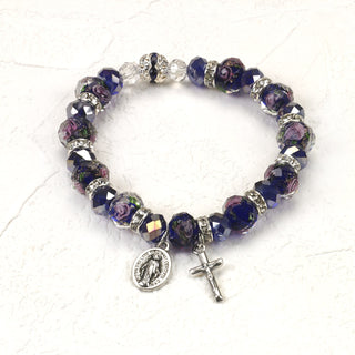 Dark Blue Crystal Stretch Bracelet with Pink Rose Painted Beads