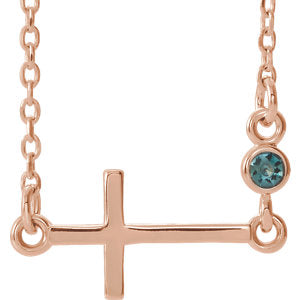 14K Rose Alexandrite Sideways Accented Cross 16-18" Necklace