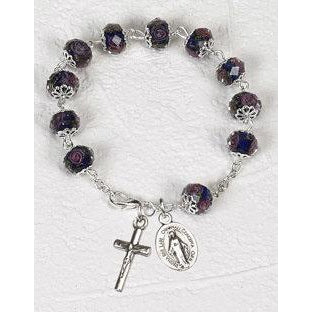 Dark Blue Crystal Rosary Bracelet with Pink Rose Painted Beads