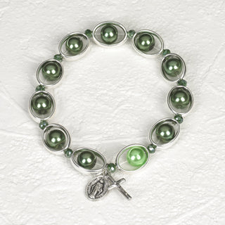 4-pack - Green Faux Pearl and Silver Tone Oval Rosary Stretch Bracelet