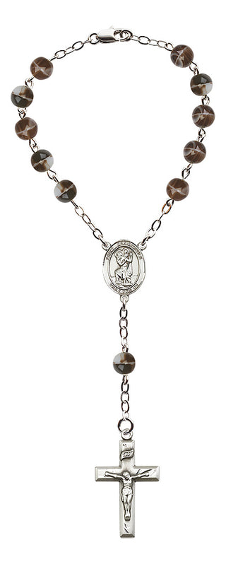 Silver Plated 7mm Brown Saint Christopher Auto Rosary